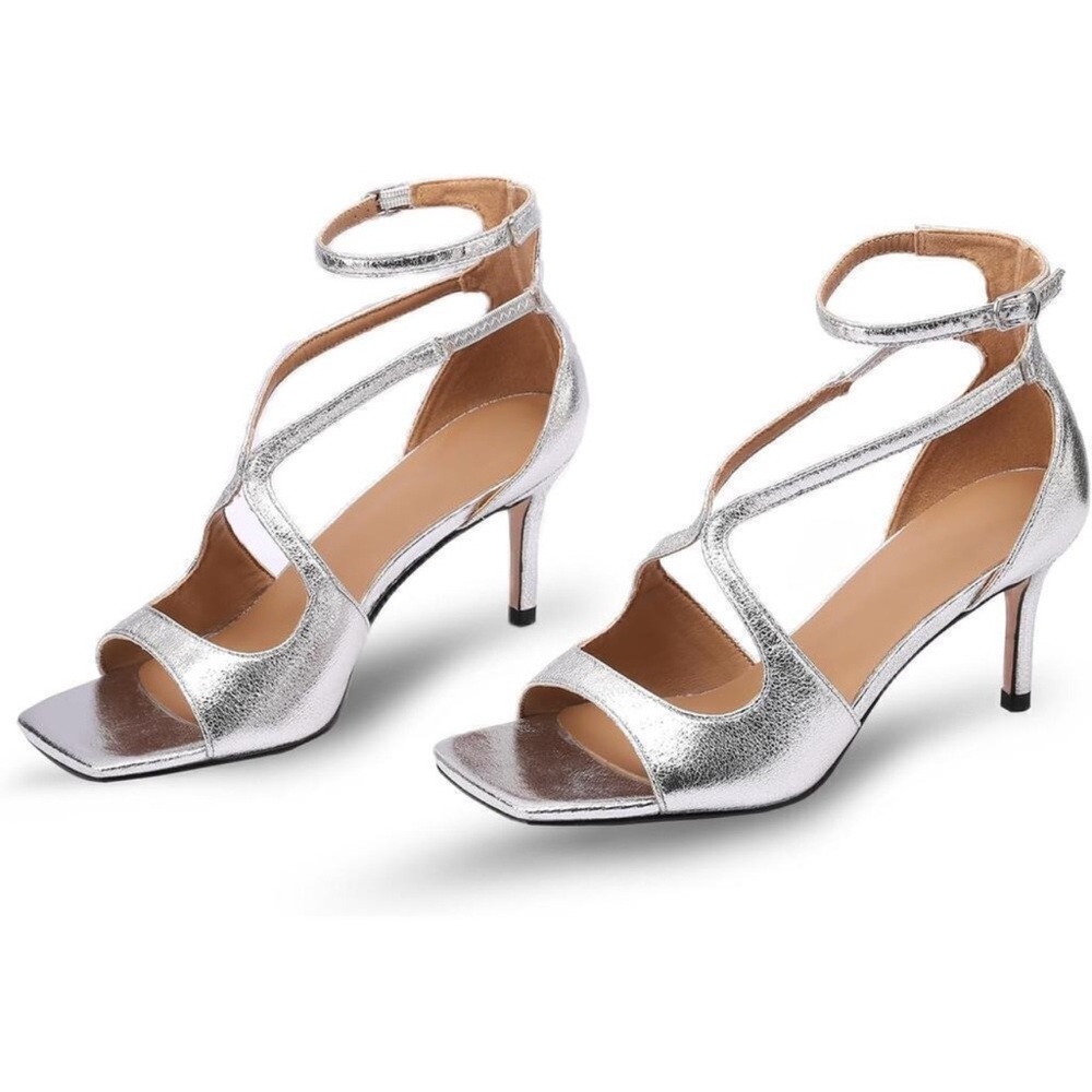 Silver Strappy Ankle‑Wrap Heels